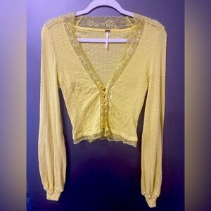 Free People Yellow Lace-Trim Button Down Top